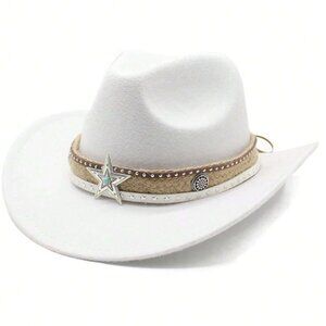 White Western Cowboy, Cowgirl Hat, Lone Star Strap, Men Women Retro‎ Wide Brim